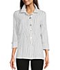 Color:White - Image 1 - Abstract Striped Print Crinkled Woven Wire Collar 3/4 Sleeve Tunic