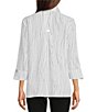 Color:White - Image 2 - Abstract Striped Print Crinkled Woven Wire Collar 3/4 Sleeve Tunic