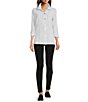 Color:White - Image 3 - Abstract Striped Print Crinkled Woven Wire Collar 3/4 Sleeve Tunic