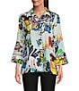 Color:Multi - Image 1 - Doodle Print Woven Point Collar 3/4 Sleeve Button-Front Tunic