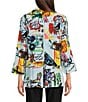 Color:Multi - Image 2 - Doodle Print Woven Point Collar 3/4 Sleeve Button-Front Tunic