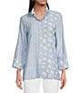 Color:Chambray Print - Image 1 - Dot Stripe Chambray Frilled High Neck Wrist Length Sleeve Button-Front Shirt