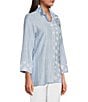 Color:Chambray Print - Image 3 - Dot Stripe Chambray Frilled High Neck Wrist Length Sleeve Button-Front Shirt