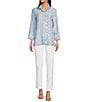 Color:Chambray Print - Image 5 - Dot Stripe Chambray Frilled High Neck Wrist Length Sleeve Button-Front Shirt