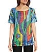 Color:Abstract Multiple - Image 1 - Double Layer Woven Mesh Printed Crew Neck Short Sleeve Blouse