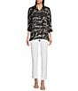 Ali Miles Fashion Conversational Print Wire Collar 3/4 Roll-Tab Sleeve Button Front Tunic, Color:Black White Print - Image 5