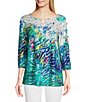 Ali Miles Foiled Burnout Split Round Neck Criss Cross Hardware 3/4 Sleeve Popover Top,All Products : American Fashion Style Bags On Sale
