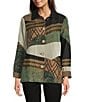 Ali Miles Geometric Patchwork Point Collar Long Sleeve Embroidered Trim Button Front Jacket, Color:Antique Green - Image 2