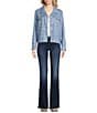 Ali Miles Jacquard Frayed Fringe Point Collar Long Sleeve Button Front Jacket, Color:Medium Blue - Image 4