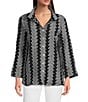 Ali Miles Jacquard Wire Collar 3/4 Cuff Sleeve Button Front Tunic, Color:Black/White - Image 1