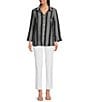 Ali Miles Jacquard Wire Collar 3/4 Cuff Sleeve Button Front Tunic, Color:Black/White - Image 5