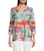 Color:Abstract Multi - Image 1 - Knit Abstract Print Round Neck 3/4 Sleeve Double Layered Popover Tunic