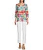 Color:Abstract Multi - Image 5 - Knit Abstract Print Round Neck 3/4 Sleeve Double Layered Popover Tunic