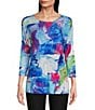 Color:Abstract Multiple - Image 1 - Knit Abstract Print Round Neck 3/4 Sleeve Tunic