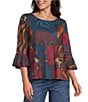 Ali Miles Knit Abstract Print Round Neck 3/4 Sleeves Pullover Top - Image 1