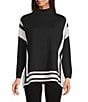 Ali Miles Knit Color Block Trimmed Mock Neck Long Sleeve Pullover, Color:Black White - Image 1