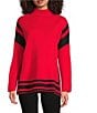 Ali Miles Knit Color Block Trimmed Mock Neck Long Sleeve Pullover, Color:Red - Image 1