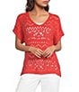 Ali Miles Knit Crochet V-Neck Short Dolman Sleeve Top - Image 1