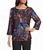 Ali Miles Knit Floral Multi Print Round Neck 3/4 Sleeve Top - Image 1