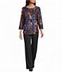 Ali Miles Knit Floral Multi Print Round Neck 3/4 Sleeve Top - Image 3
