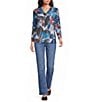 Ali Miles Knit Floral Print V-Neck 3/4 Sleeve Pullover Blouse - Image 3