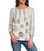 Ali Miles Knit Mesh Overlay Striped Dotted Round Neck 3/4 Cinched Sleeve Top - Image 1