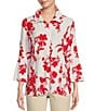 Color:Red - Image 1 - Knit Print Point Collar 3/4 Bell Sleeve Button-Front Tunic