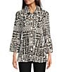 Color:Black/White - Image 1 - Knit Print Point Collar 3/4 Bell Sleeve Button-Front Tunic