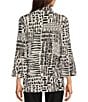 Color:Black/White - Image 2 - Knit Print Point Collar 3/4 Bell Sleeve Button-Front Tunic