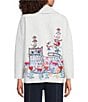 Ali Miles Knit Quilt Placed Animal Print Cowl Collar 3/4 Sleeve Front Drawstring Top - Image 2