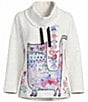 Ali Miles Knit Quilt Placed Animal Print Cowl Collar 3/4 Sleeve Front Drawstring Top - Image 4