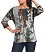 Ali Miles Knit Ribbed Abstract Multi Crew Neck 3/4 Sleeve Back Button Detail Top - Image 1