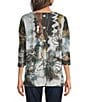 Ali Miles Knit Ribbed Abstract Multi Crew Neck 3/4 Sleeve Back Button Detail Top - Image 2