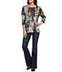 Ali Miles Knit Ribbed Abstract Multi Crew Neck 3/4 Sleeve Back Button Detail Top - Image 3