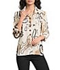 Ali Miles Knit Textured Abstract Print Point Collar 3/4 Sleeve Top - Image 1
