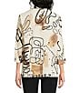 Ali Miles Knit Textured Abstract Print Point Collar 3/4 Sleeve Top - Image 2