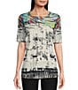 Color:Multi - Image 1 - Layered Textured Printed Knit Round Neck 3/4 Sleeve Tunic