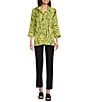 Color:Soft Lime - Image 3 - Line Abstract Print Woven Wire Collar 3/4 Sleeve Button-Front Tunic