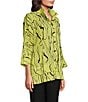 Color:Soft Lime - Image 4 - Line Abstract Print Woven Wire Collar 3/4 Sleeve Button-Front Tunic
