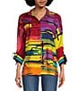 Color:Multi - Image 1 - Linen Blend Multi Abstract Print Wire Collar 3/4 Sleeve Button-Front Tunic