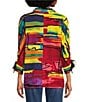 Color:Multi - Image 2 - Linen Blend Multi Abstract Print Wire Collar 3/4 Sleeve Button-Front Tunic