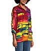 Color:Multi - Image 3 - Linen Blend Multi Abstract Print Wire Collar 3/4 Sleeve Button-Front Tunic