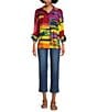 Color:Multi - Image 5 - Linen Blend Multi Abstract Print Wire Collar 3/4 Sleeve Button-Front Tunic