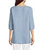 Ali Miles Linen Blend V-Neck 3/4 Sleeve Asymmetrical Button Detail Tunic, Color:Chambray Blue - Image 2