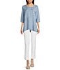Ali Miles Linen Blend V-Neck 3/4 Sleeve Asymmetrical Button Detail Tunic, Color:Chambray Blue - Image 5