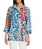 Ali Miles Medallion Print Wire Collar 3/4 Sleeves Button Front Tunic, Color:Medallion Multi - Image 1