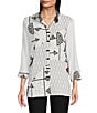 Color:Black/White - Image 1 - Mixed-Media Stripe & Abstract Wire Collar 3/4 Sleeve Button-Front Tunic