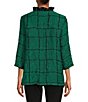 Color:Emerald - Image 2 - Multi Lines Woven Crinkle Wire Collar 3/4 Sleeve Side Patch Pocket Button Front Tunic