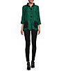 Color:Emerald - Image 3 - Multi Lines Woven Crinkle Wire Collar 3/4 Sleeve Side Patch Pocket Button Front Tunic