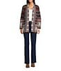 Ali Miles Petite Size Abstract Border Print 3/4 Sleeve Open-Front Cardigan, Color:Faded Orange - Image 3